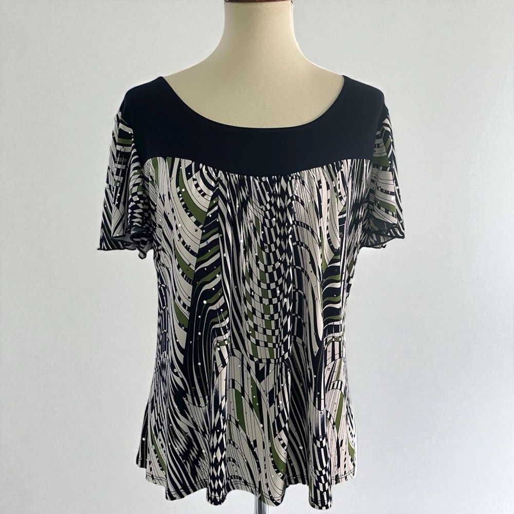 Dressbarn Abstract Navy, White, and Green Blouse * Size XL‎